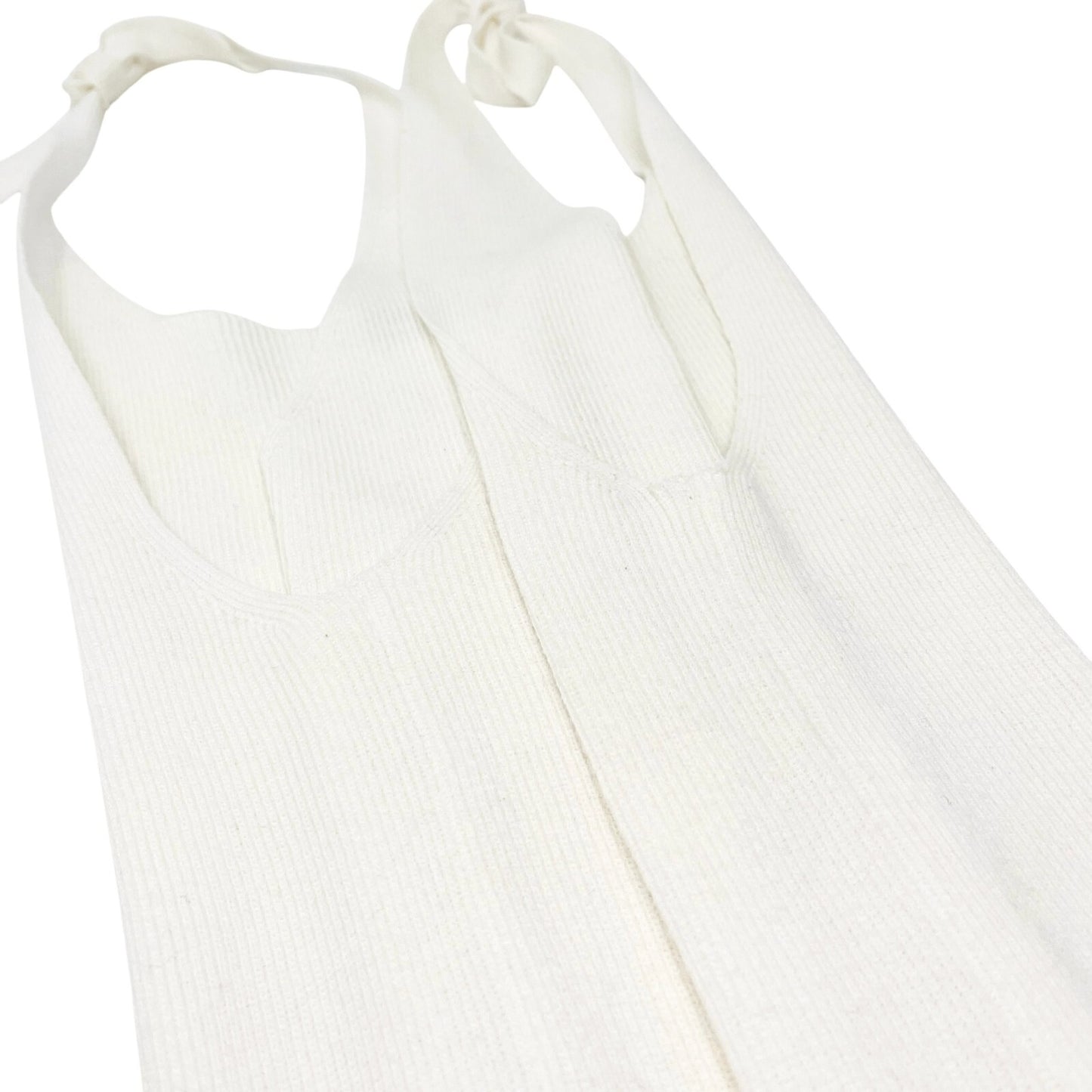 CHANEL Vintage 05P CC Logo Rib Knit Tank Top #38 V-neck Sleeveless White Cotton