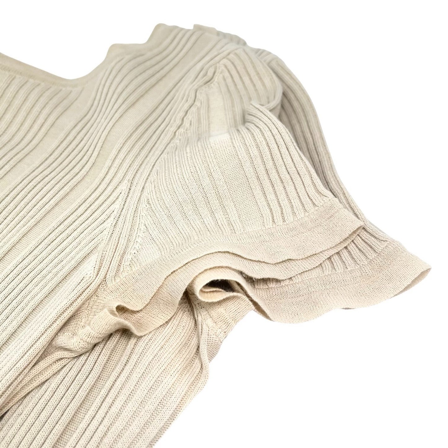 CHANEL Vintage 07P CC Logo Button Rib Knit Top #42 Cotton Beige Gold 106913