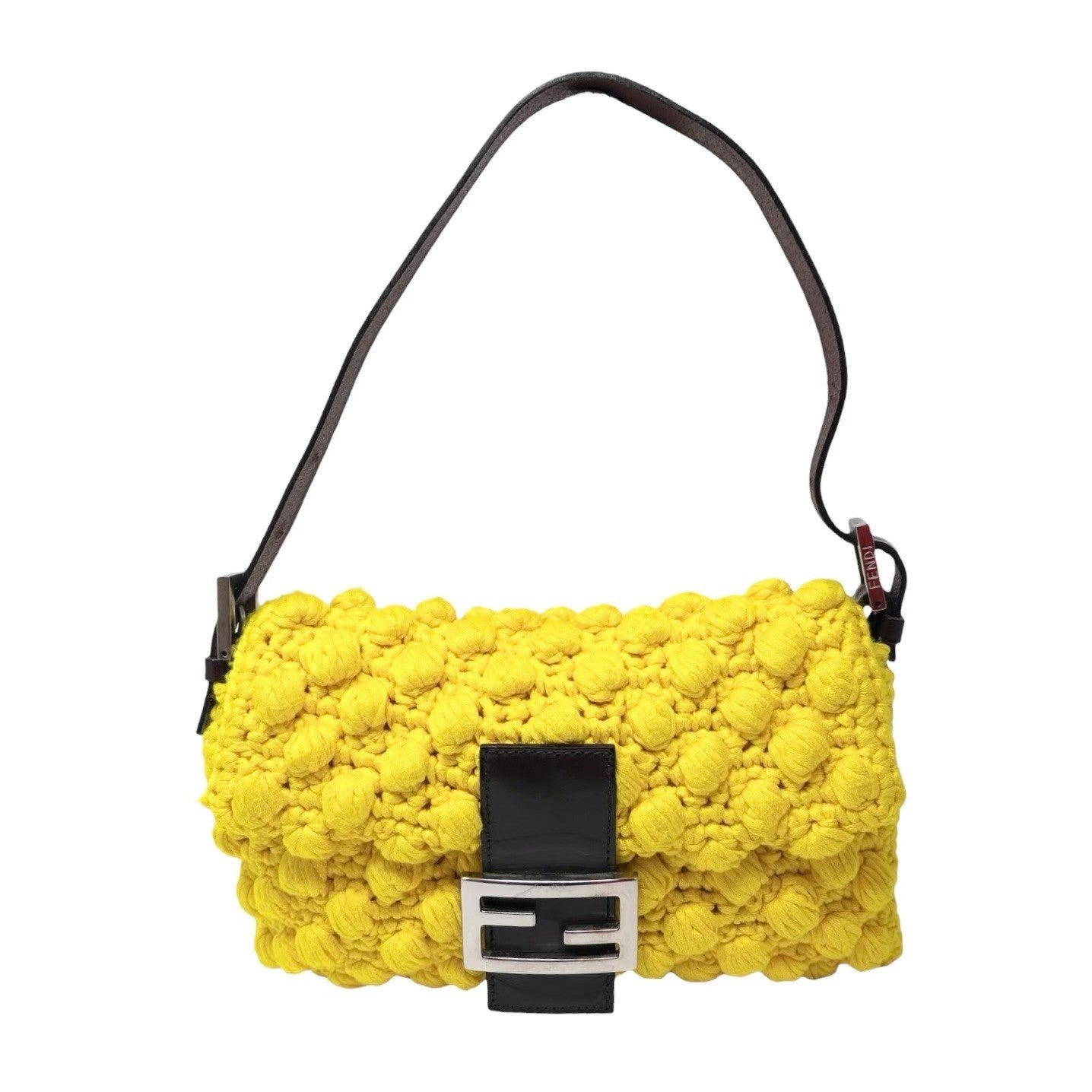 FENDI Vintage Logo Knit Mamma Baguette Shoulder Bag Yellow Brown Wool