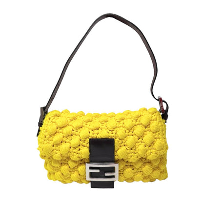 FENDI Vintage Logo Knit Mamma Baguette Shoulder Bag Yellow Brown Wool