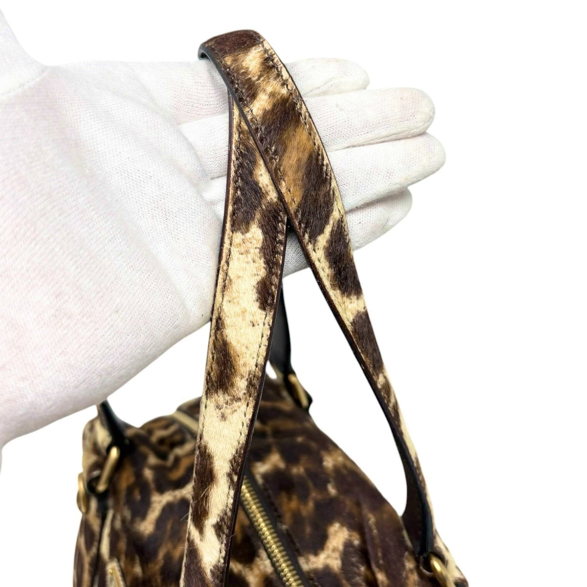 PRADA Vintage Leopard Pony Calf Hair Shoulder Top Handle Bag Cream Brown 902393
