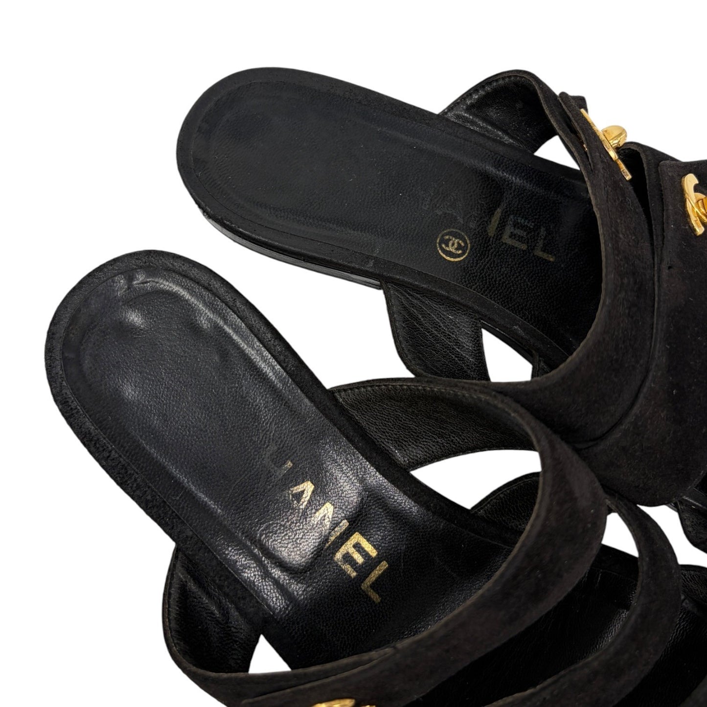CHANEL Vintage CC Turnlock Flat Slide Sandals #37 Black Gold  Suede 902296