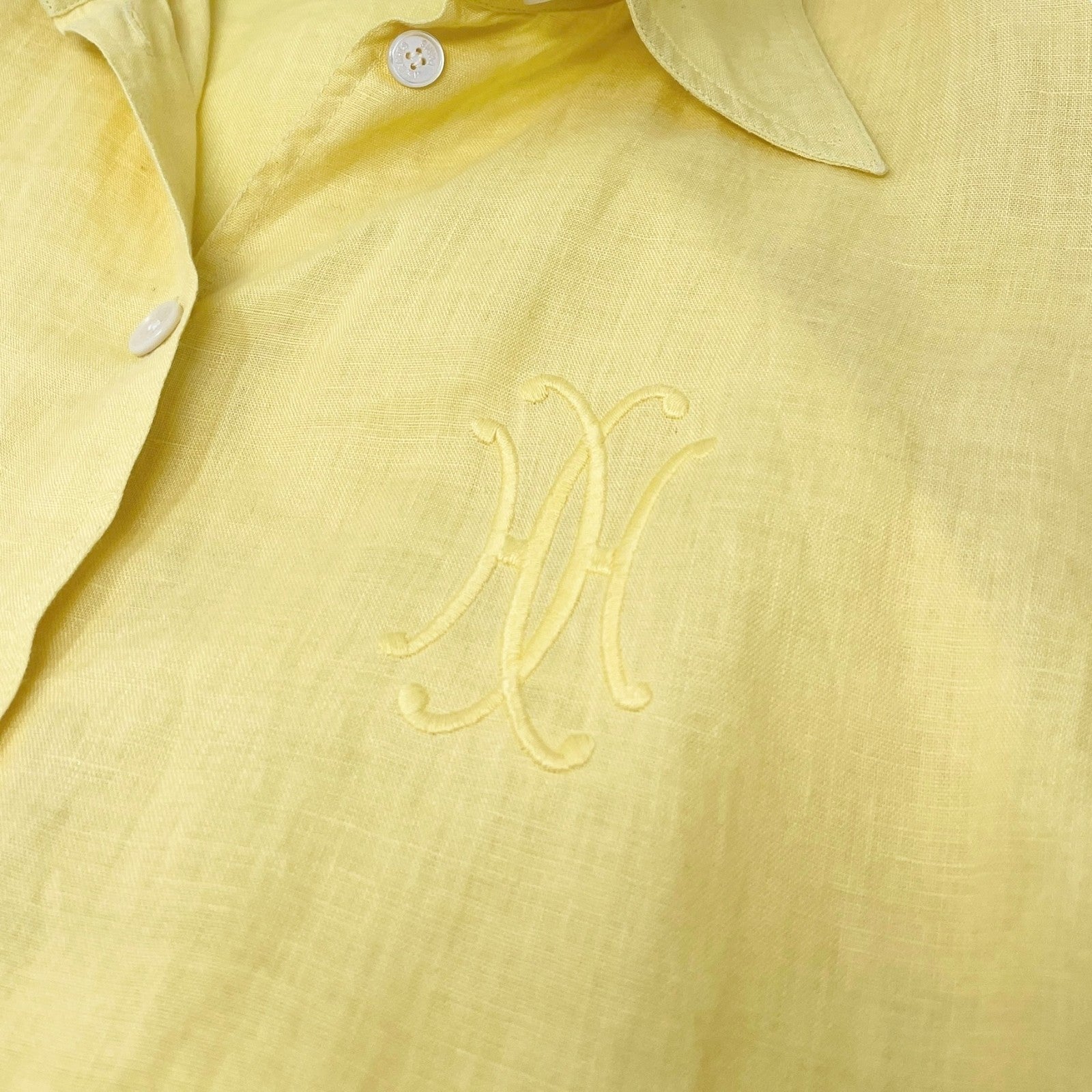 HERMES Vintage Logo Button Up Shirt Top #38 Long Sleeve Yellow White Linen