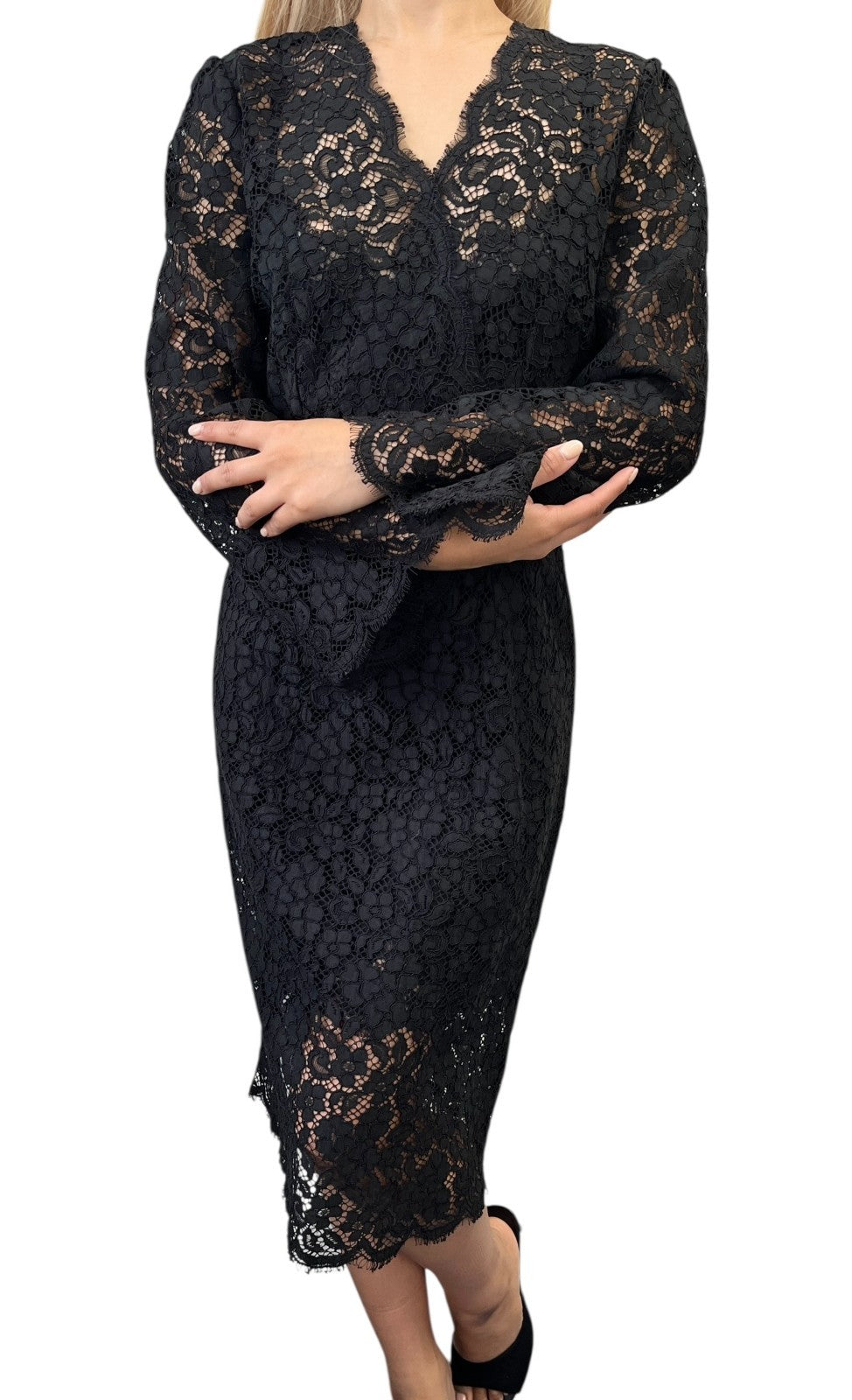 DOLCE&GABBANA Vintage Midi Floral Lace Camisole Dress #44 Black Cotton