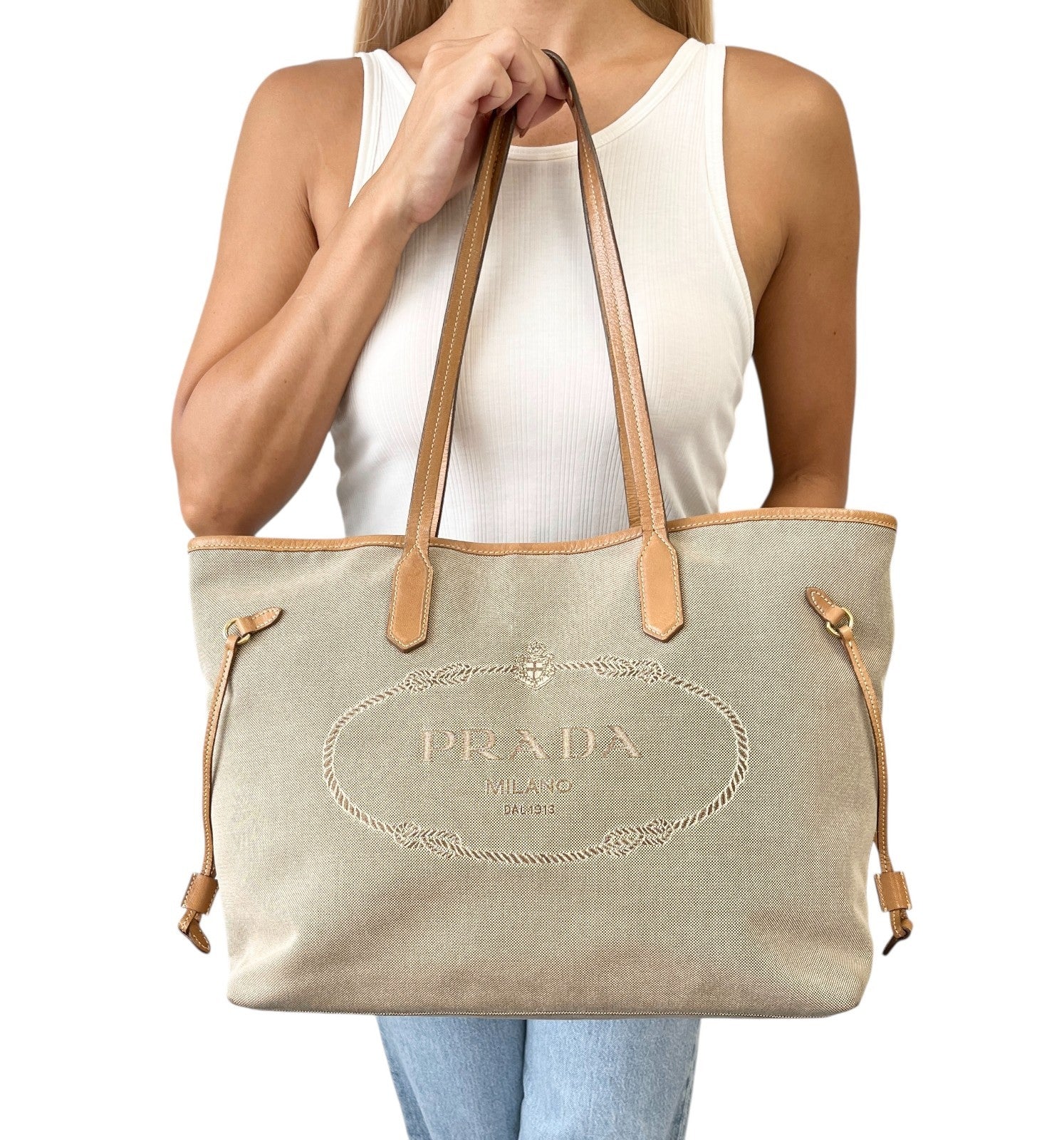 PRADA Vintage Logo Jacquard Shoulder Tote Bag Beige Brown Canvas Leather