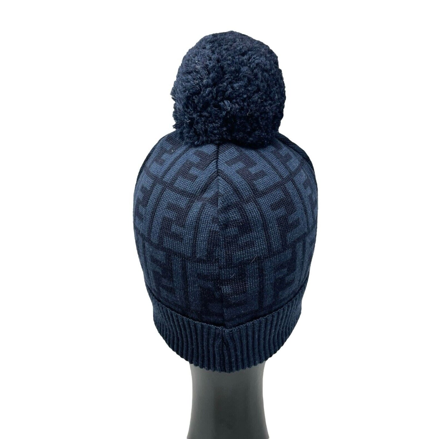 FENDI Vintage Zucca Monogram Logo Beanie Hat Knit Dark Blue Black Wool