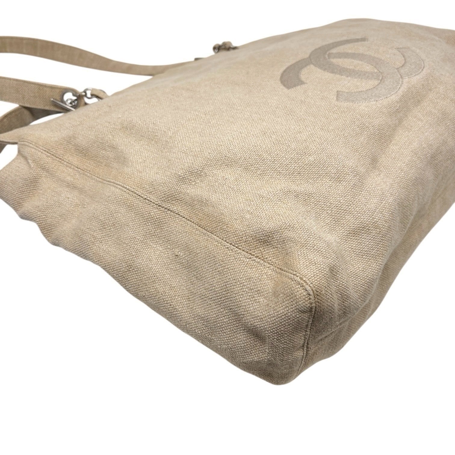 CHANEL Vintage CC Big Logo Shoulder Tote Large Bag Beige Canvas Linen Leather