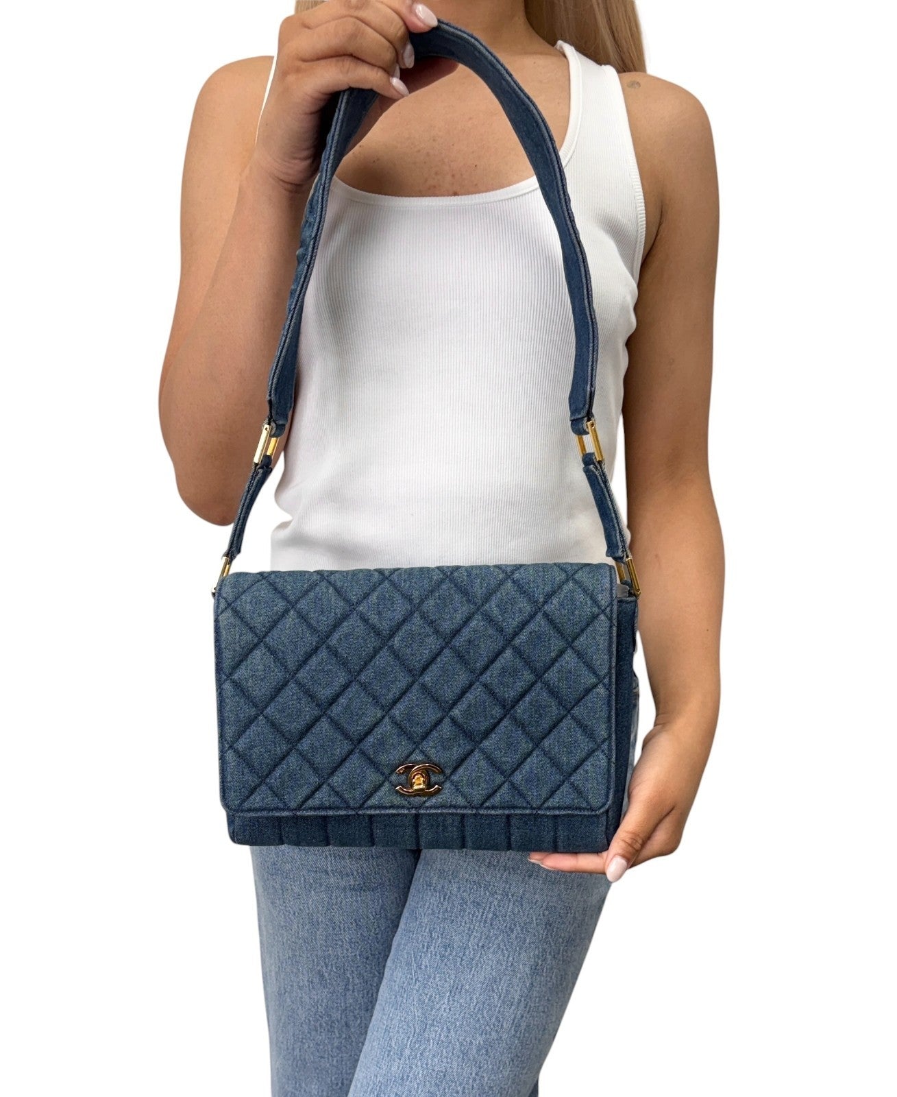 CHANEL Vintage CC Logo Quilted Denim Flap Shoulder Bag Blue Gold 901873
