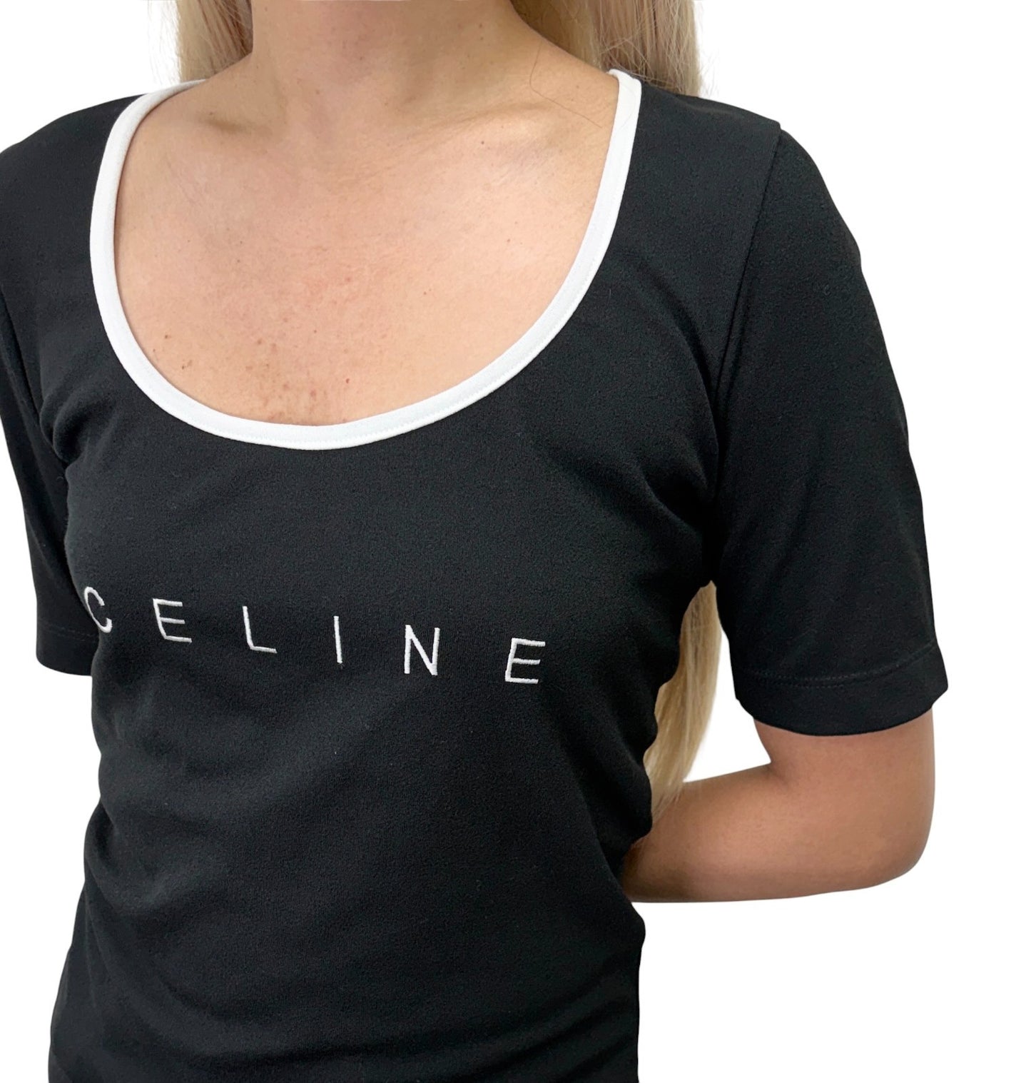 CELINE Vintage Logo T-shirt Top #38 Black White Short Sleeve Polyester 902429