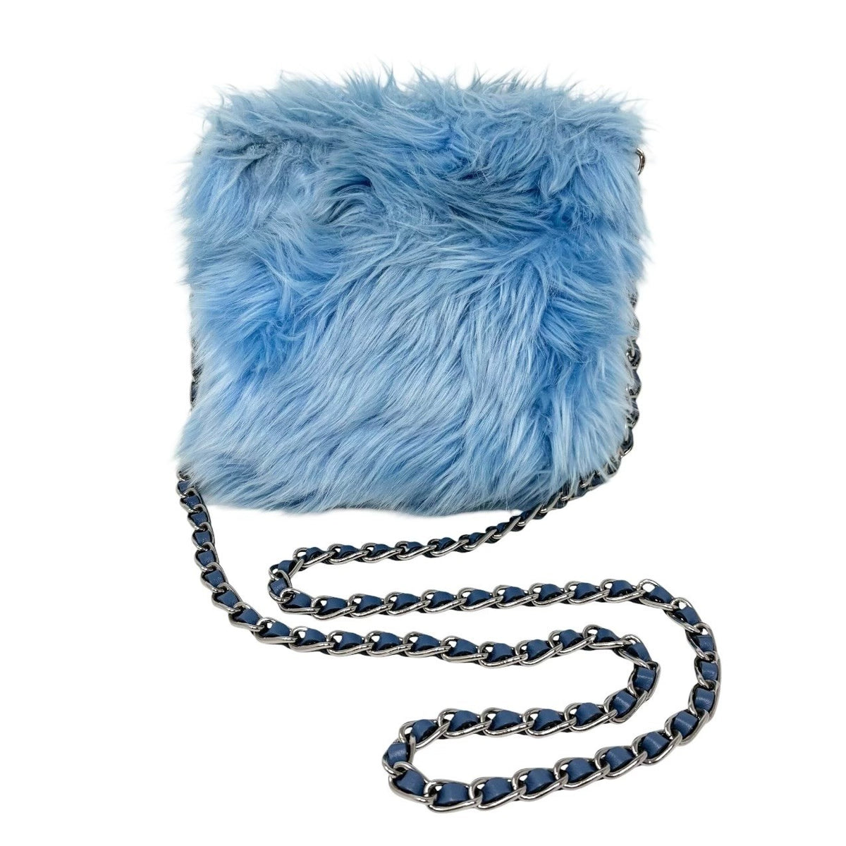PRADA Vintage Logo Pelliccia Chain Shoulder Bag Mini Pouch Blue Faux Fur 902321