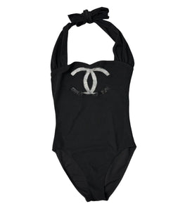 CHANEL Vintage 01C Big CC Mark Logo Swimsuit #38 One-piece Black Nylon Rank AB