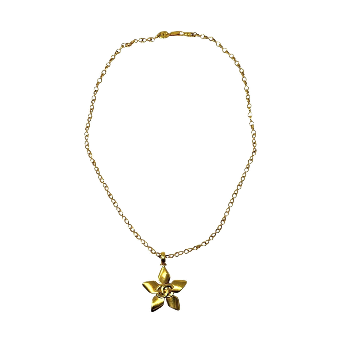 CHANEL Vintage 96P CC Metal Gold Star Floral Pendant Necklace Accessory Chain