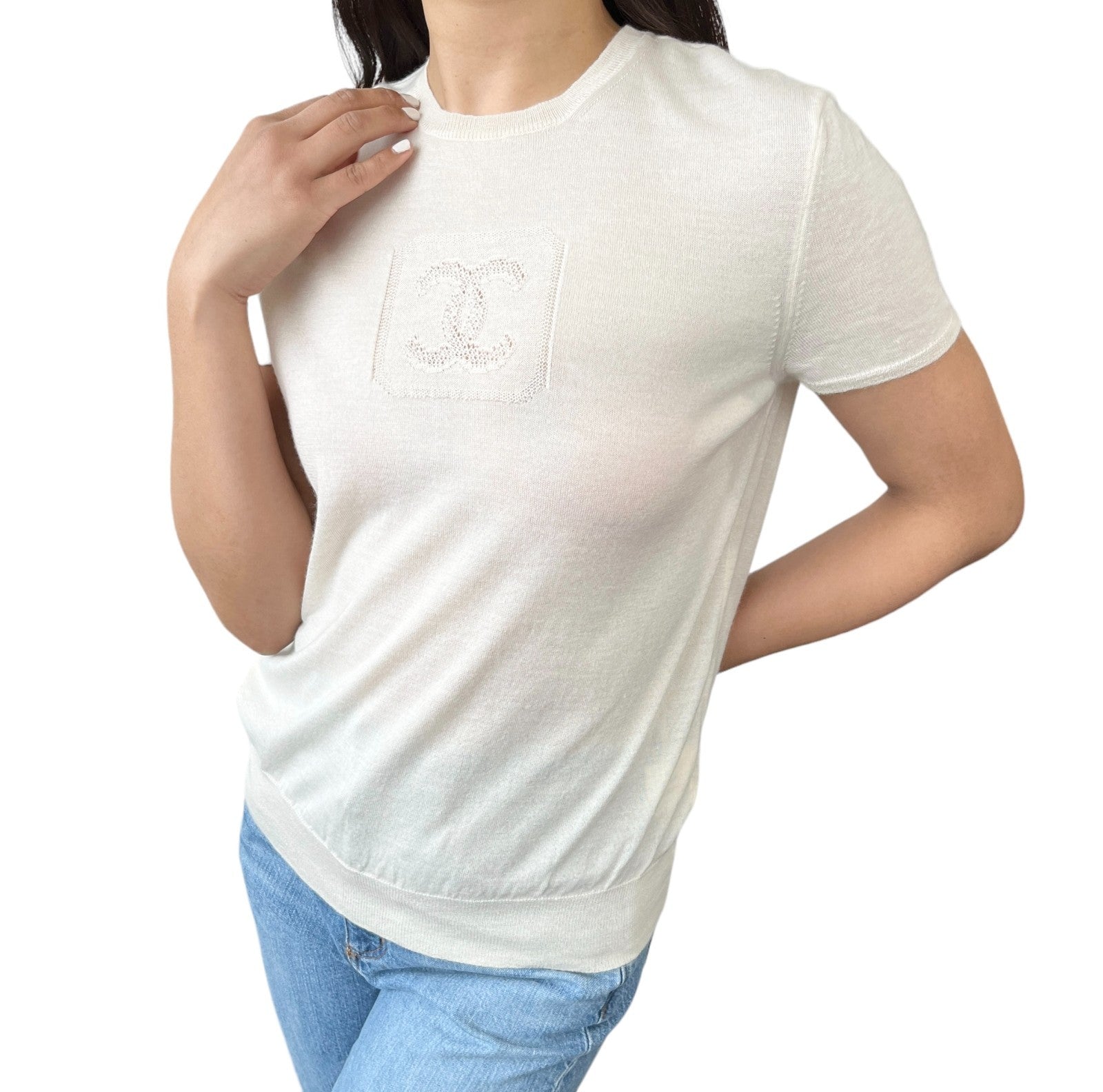 CHANEL Vintage 03P CC Mark Logo Mesh Knit Tshirt Top White Short Sleeve Cotton