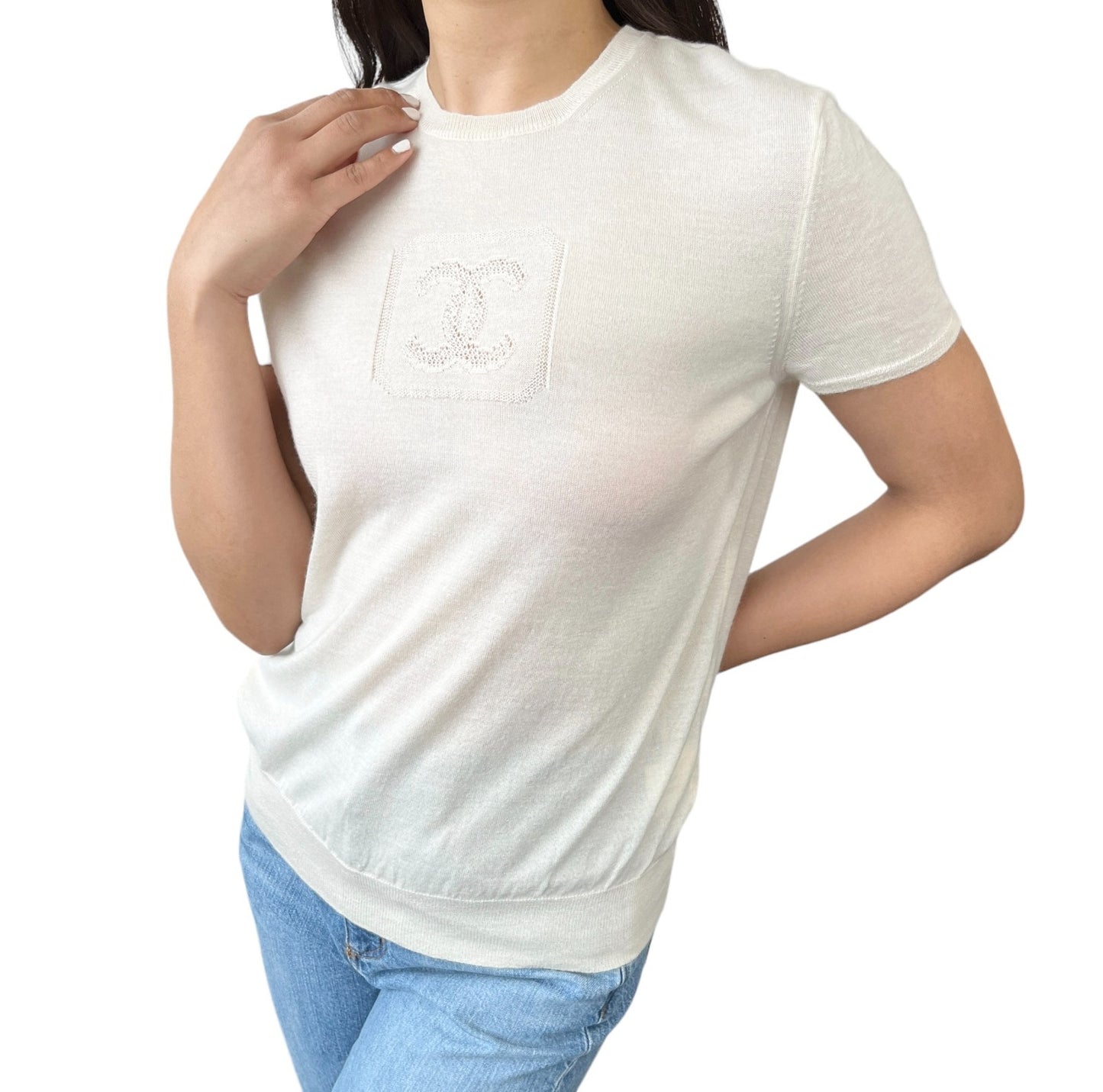 CHANEL Vintage 03P CC Mark Logo Mesh Knit Tshirt Top White Short Sleeve Cotton