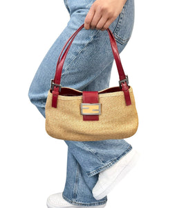 FENDI Vintage Logo Mamma Baguette Shoulder Bag Straw Raffia Red Leather