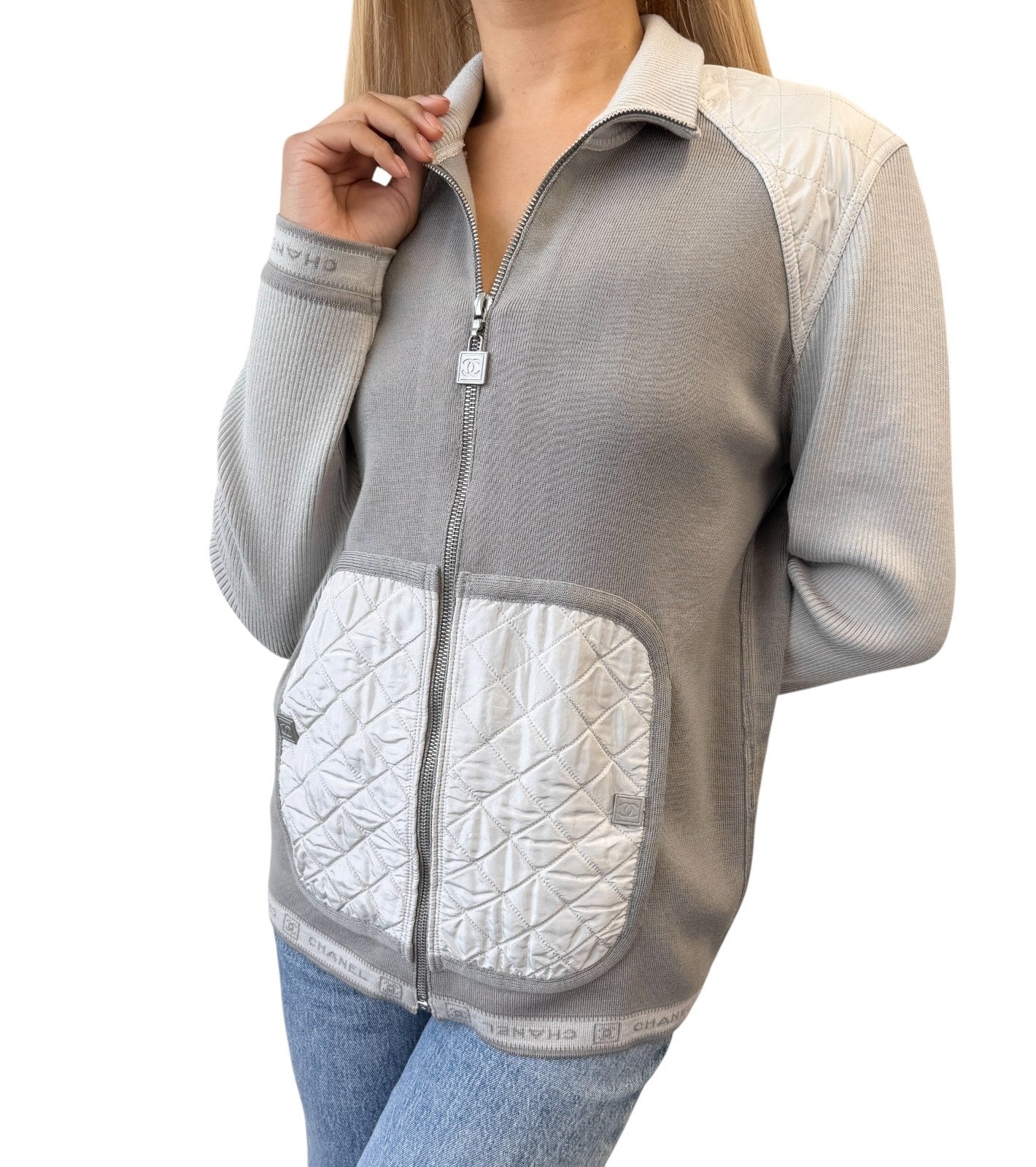 CHANEL Sport Vintage 04P CC Logo Zipped Quilted Jacket Top #44 Gray Silver Wool
