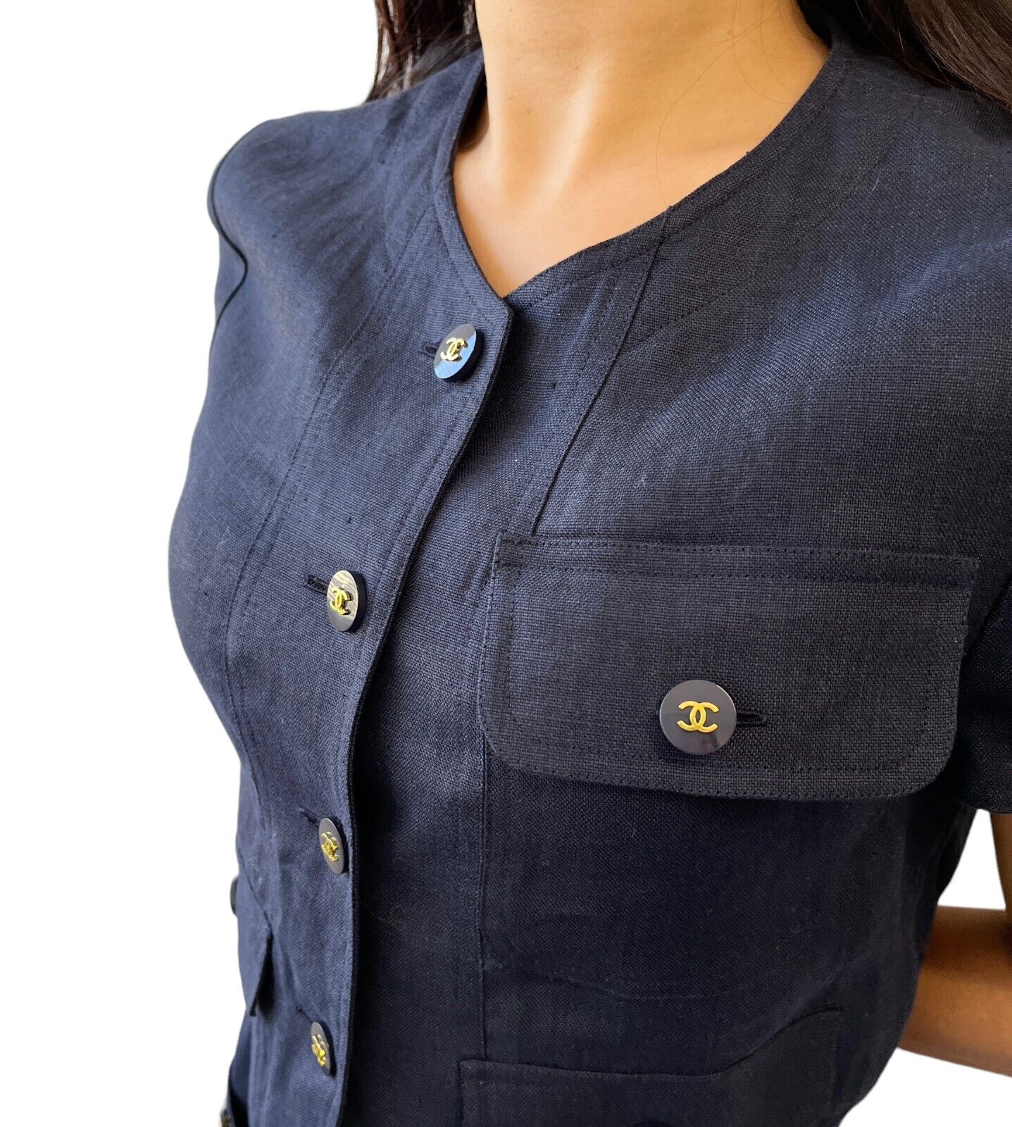 CHANEL Vintage CC Mark Button Linen Jacket Skirt Set #40 Dark Blue Rank AB+