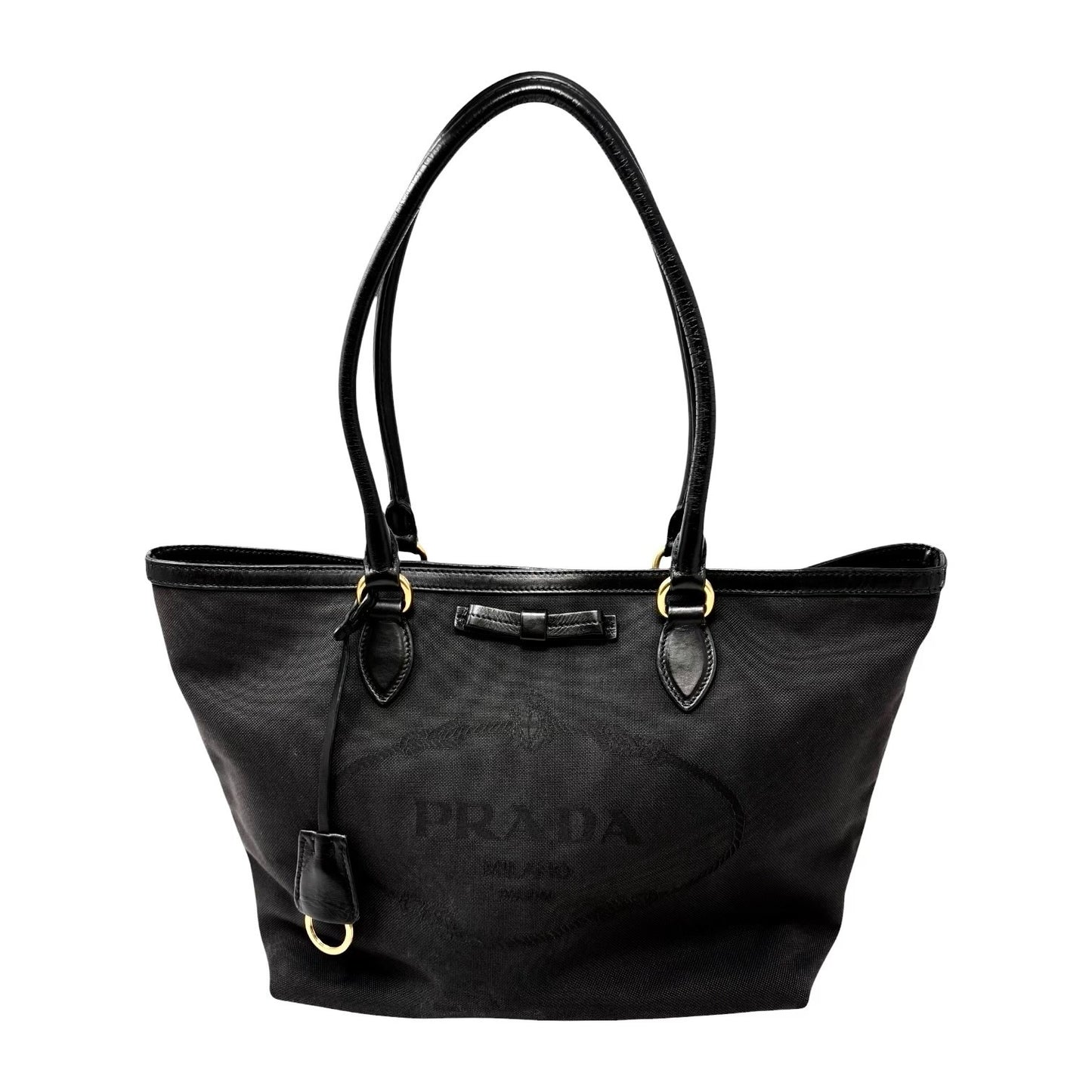 PRADA Vintage Milano Jacquard Logo Canvas Shoulder Tote Large Bag Black 902242