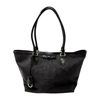 PRADA Vintage Milano Jacquard Logo Canvas Shoulder Tote Large Bag Black 902242