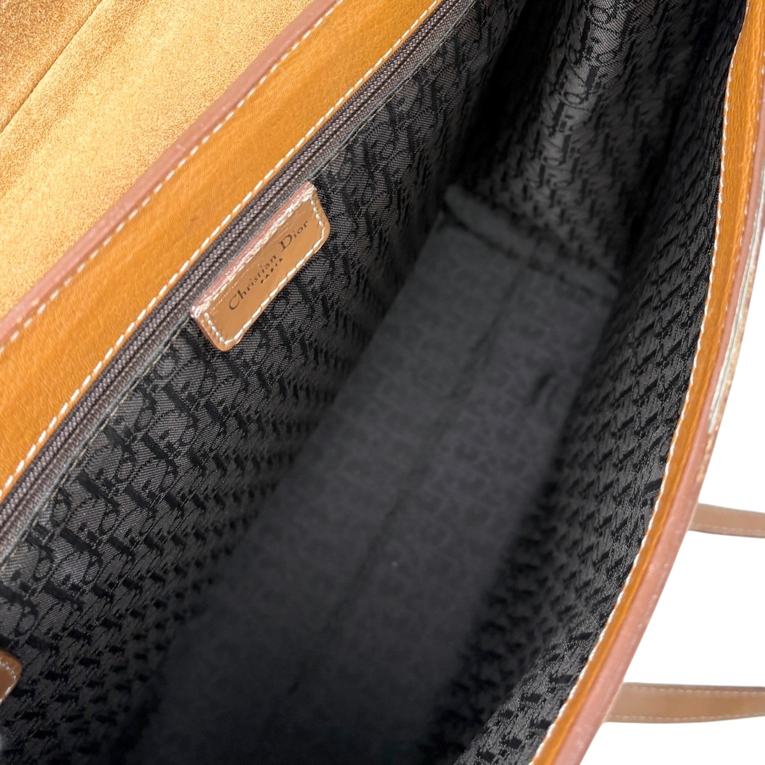 Christian Dior Vintage 2002 Logo Saddle Shoulder Tote Bag Camel Gold Leather