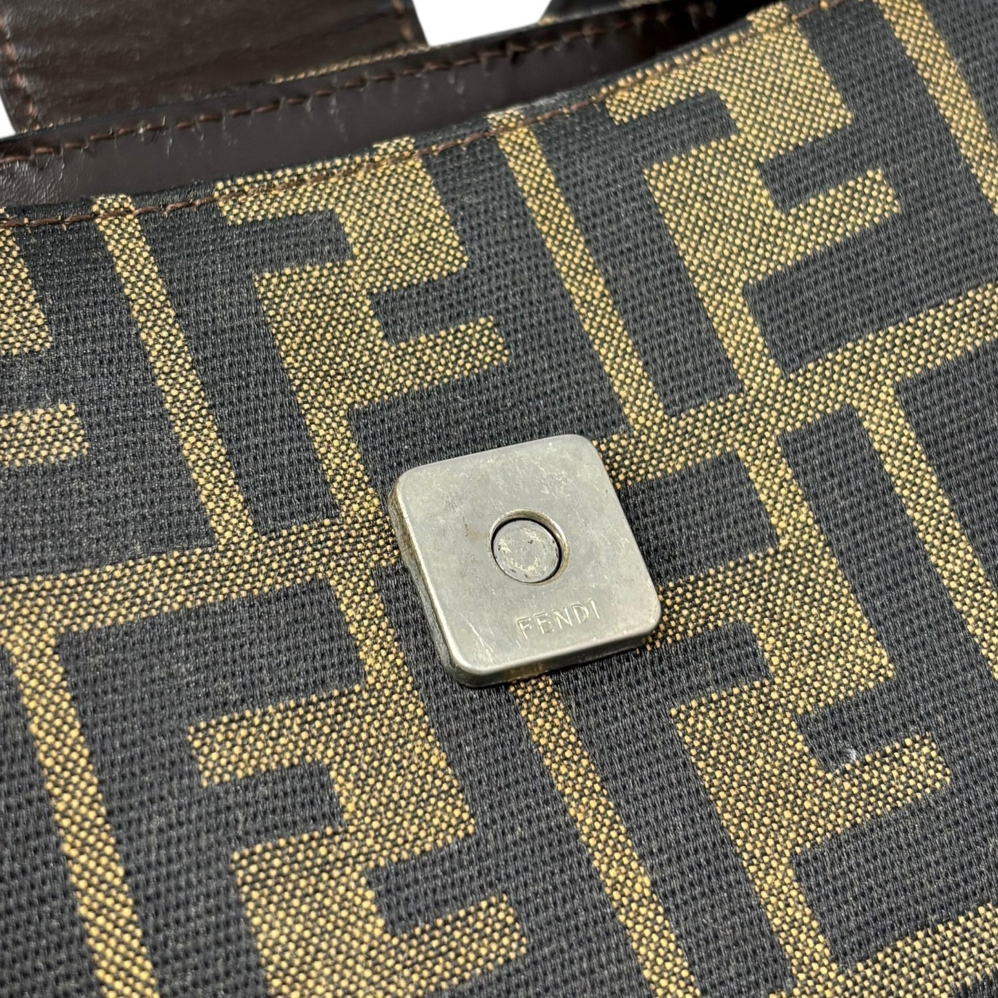 FENDI Vintage Zucca Logo Monogram Canvas Tote Shoulder Bag Leather Brown Silver
