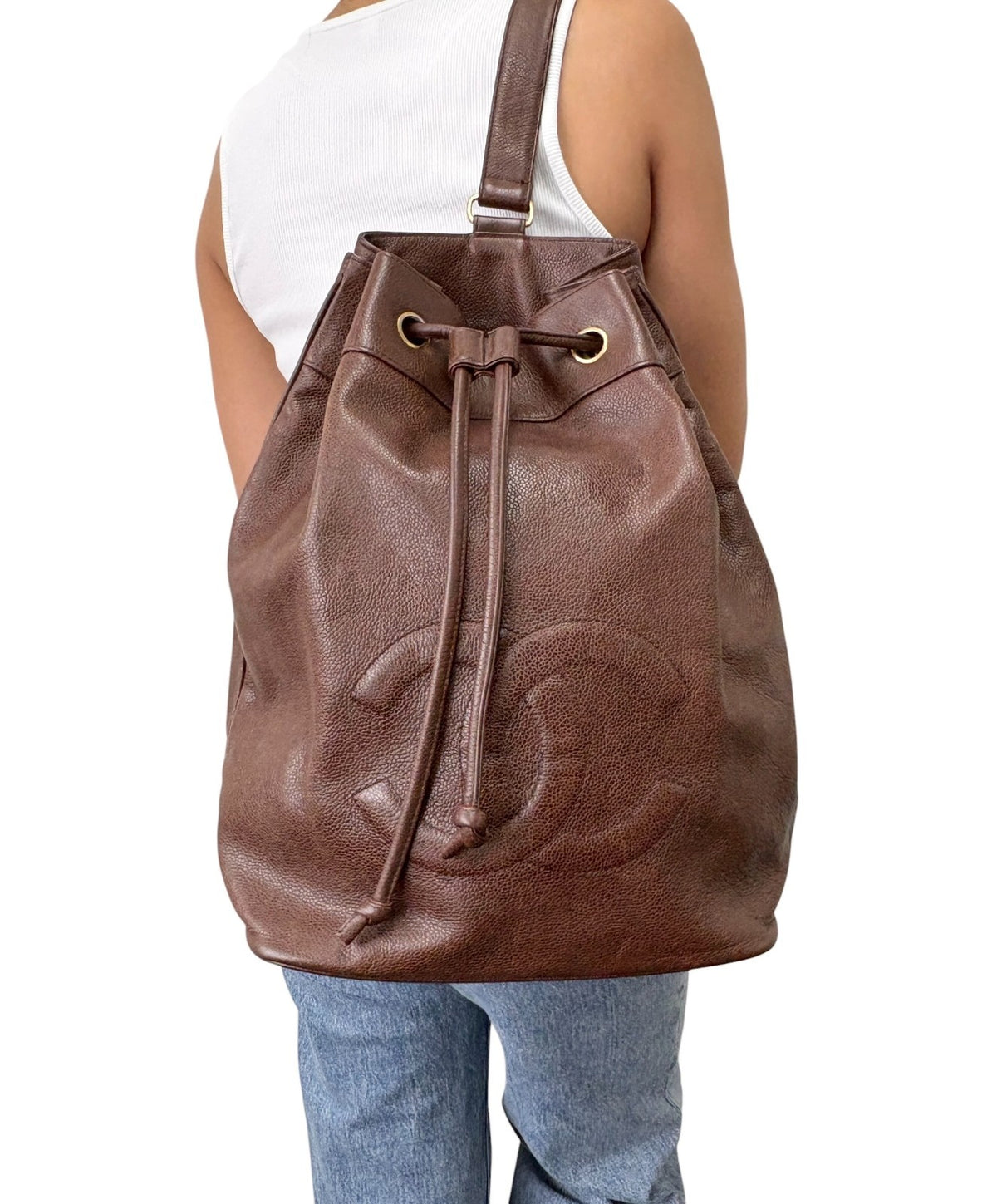 CHANEL Vintage CC Logo Drawstring Backpack Bag Brown Gold Leather 902312