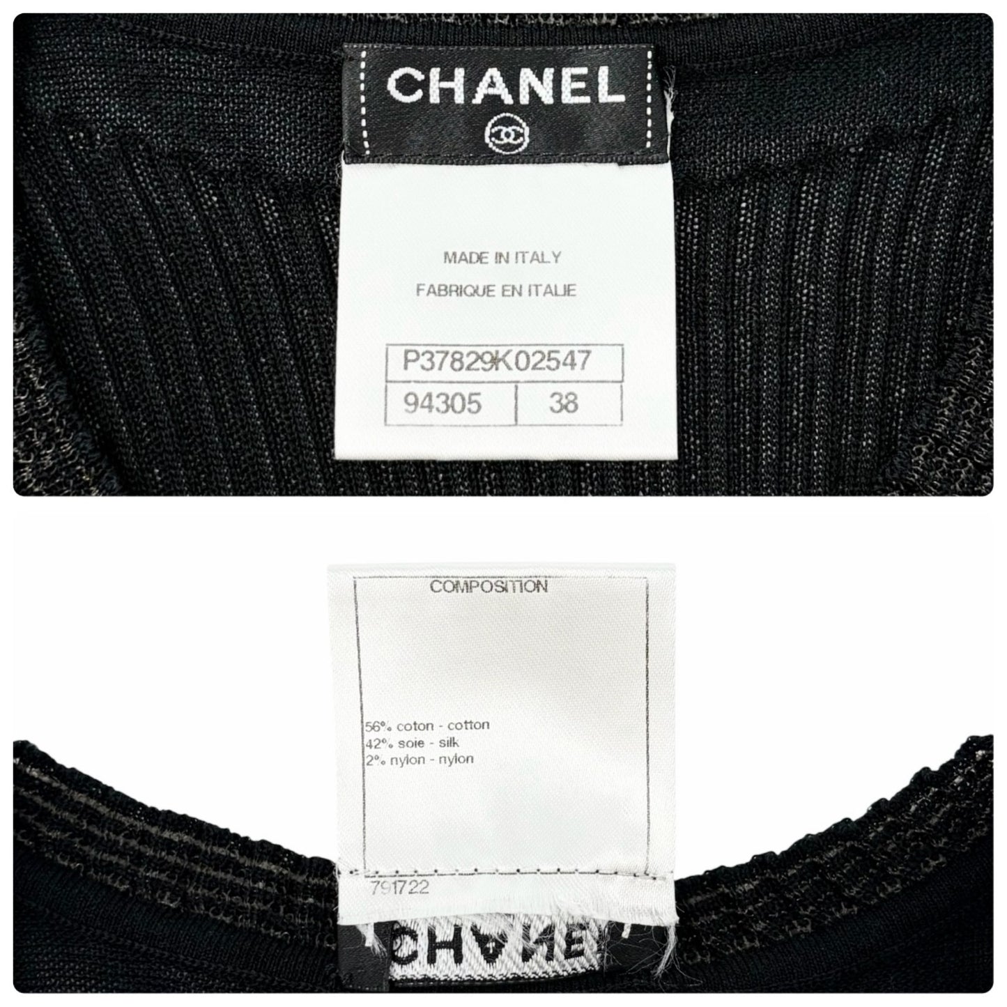 CHANEL Vintage P37829 CC Button Rib Knit Dress One-piece Black #38 Sheer 902018