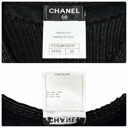 CHANEL Vintage P37829 CC Button Rib Knit Dress One-piece Black #38 Sheer 902018