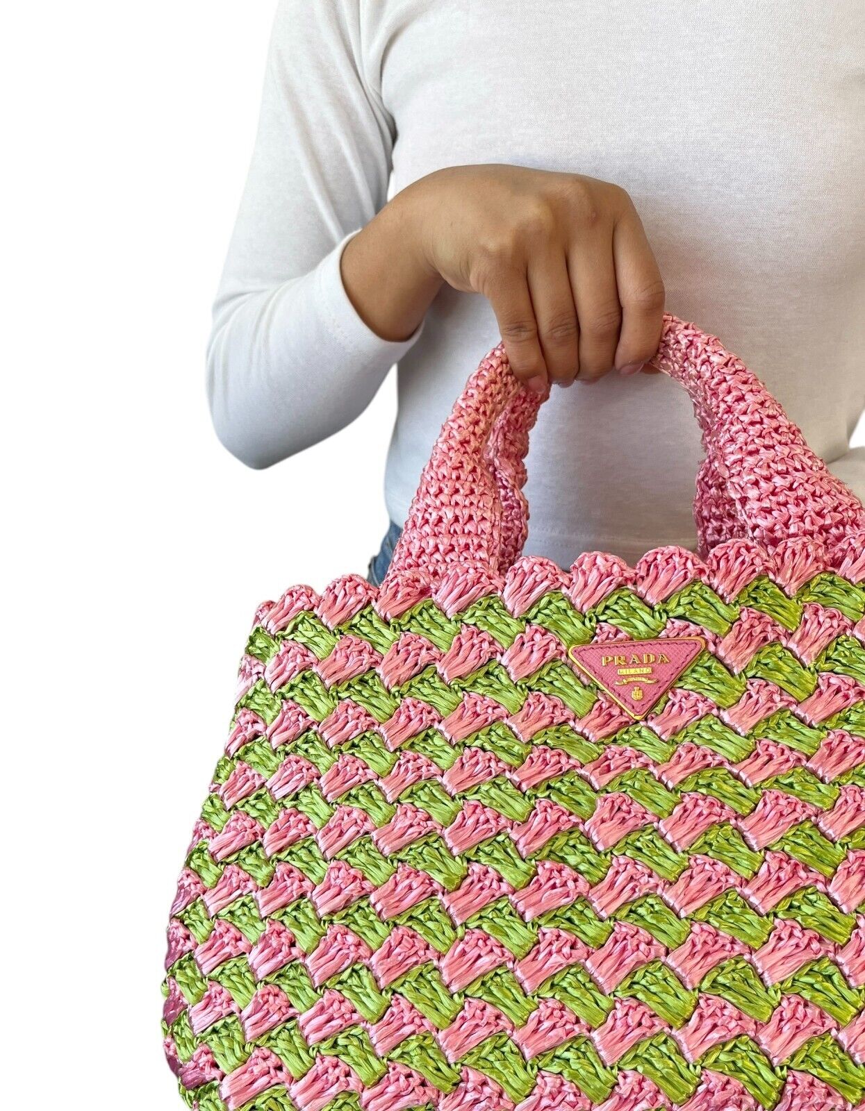 PRADA Vintage Logo Raffia Mini Tote Bag Pink Green Polyethylene Snap Button