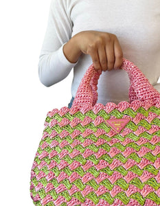 PRADA Vintage Logo Raffia Mini Tote Bag Pink Green Polyethylene Snap Button