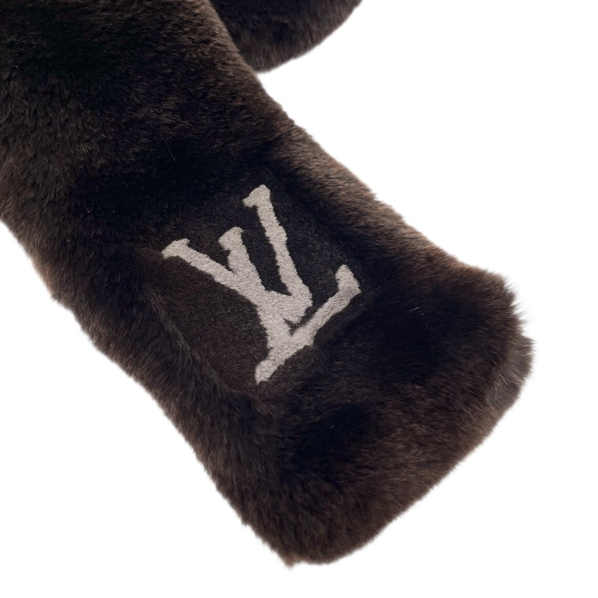 LOUIS VUITTON Vintage LV Logo Muffler Scarf Brown Gray Rabbit Fur Wool