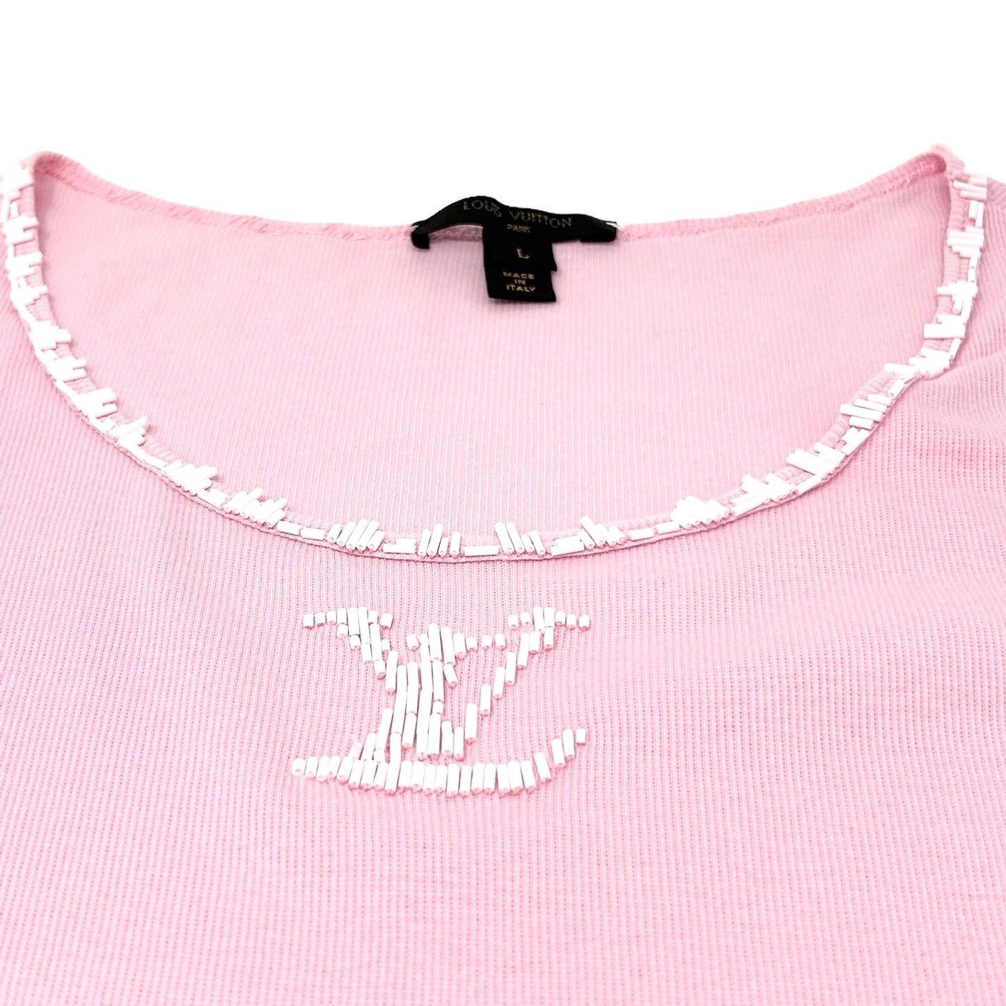 LOUIS VUITTON Vintage LV Logo T-shirt Top #L Beads Pink White Cotton Rank AB