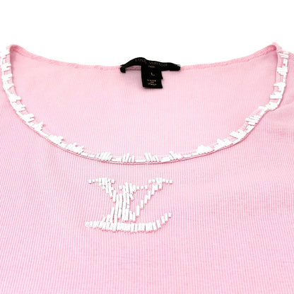 LOUIS VUITTON Vintage LV Logo T-shirt Top #L Beads Pink White Cotton Rank AB
