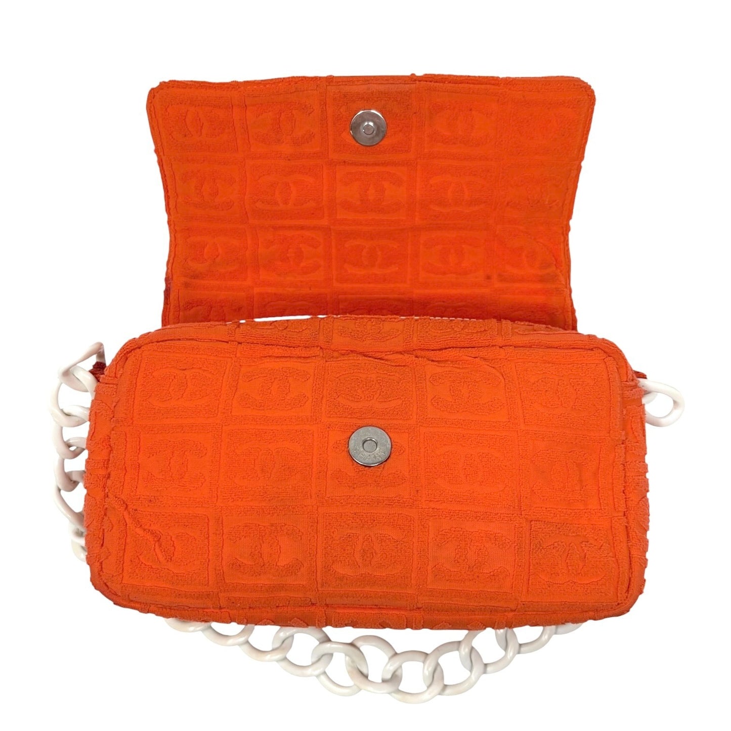 CHANEL Vintage 02S CC Logo Chain Shoulder Bag Terry Cloth Orange White 901896