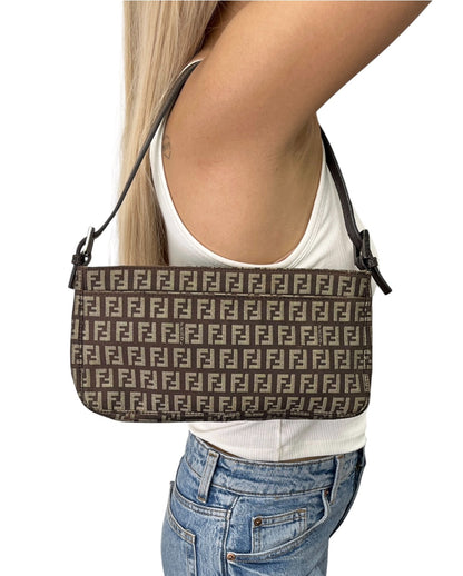 FENDI Vintage Logo Zucchino Shoulder Bag Pochette Brown Canvas Pocket 902351