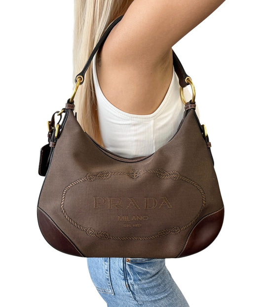 PRADA Vintage Milano Jacquard Logo Canvas Shoulder Hobo Bag  Brown 902571