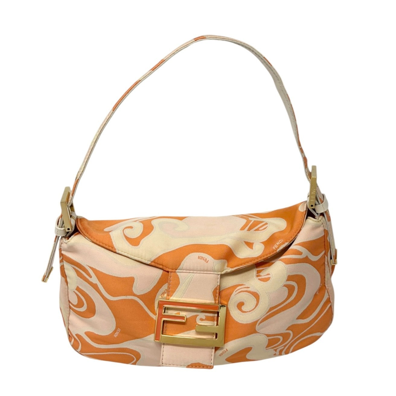 FENDI Vintage FF Logo Mamma Baguette Psychedelic Print Silk Shoulder Bag Orange