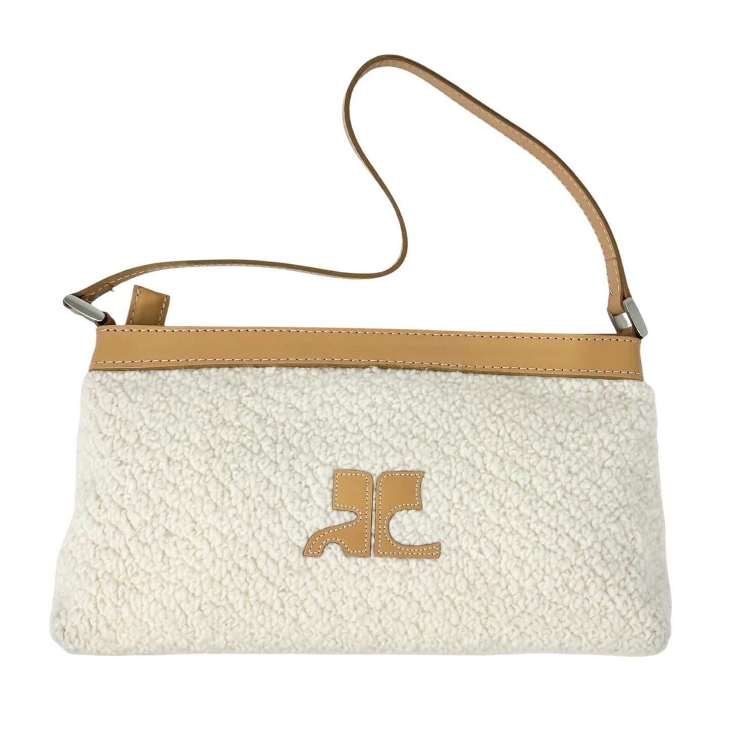 Courreges Vintage Logo Stitch Shoulder Bag Cream Brown Acrylic Leather Rank AB