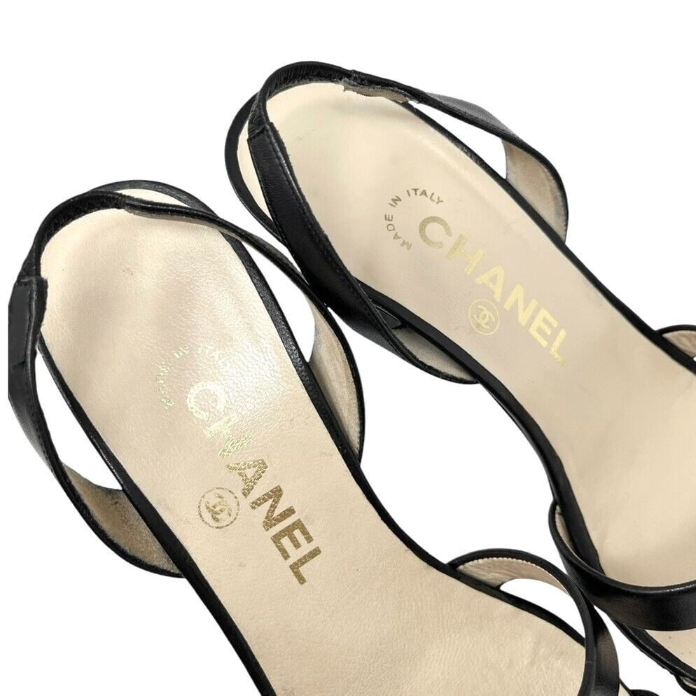 CHANEL Vintage 98P CC Logo Heels Mules Sandals #36.5-37 Black Gold Leather