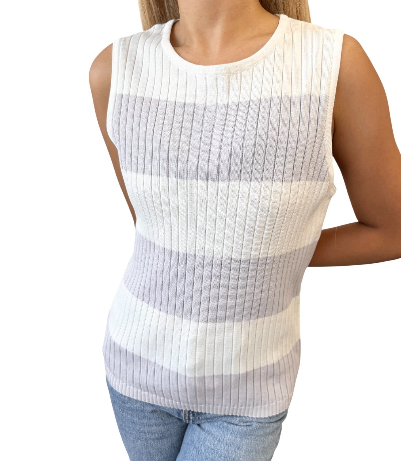 CHANEL Vintage 98P CC Mark Logo Knit Tank Top #44 White Purple Cotton