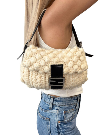FENDI Vintage FF Logo Wool Knit Mamma Baguette Shoulder Bag Cream Brown 902054