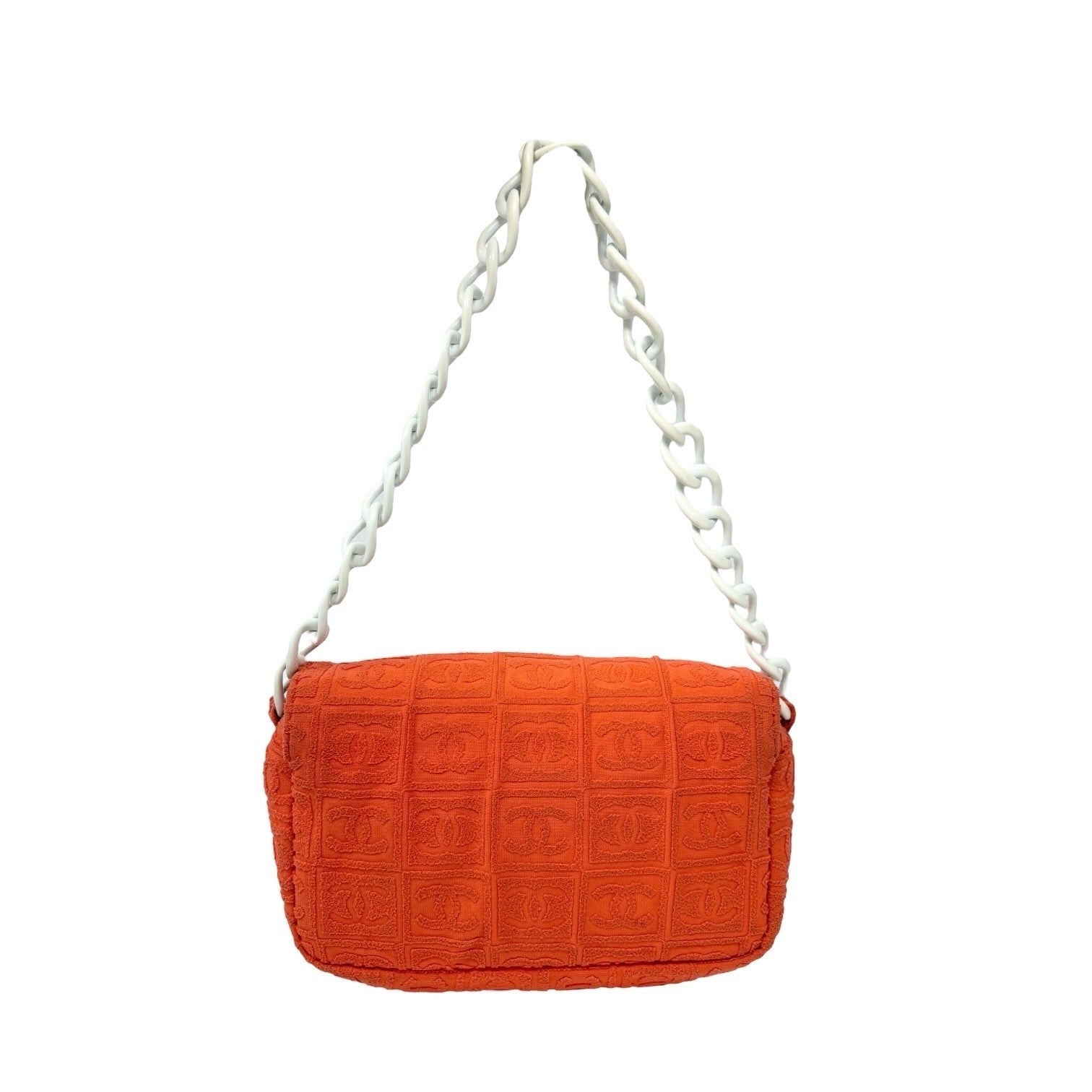 CHANEL Vintage 02S CC Logo Chain Shoulder Bag Handbag Terry Cloth Orange White
