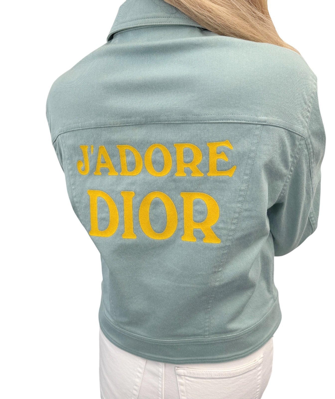 Christian Dior Vintage 2001 J'ADORE Logo Denim Twill Jacket #36 Blue Yellow