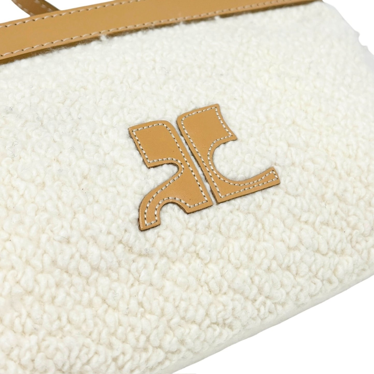 Courreges Vintage Logo Stitch Shoulder Bag Cream Brown Acrylic Leather Rank AB