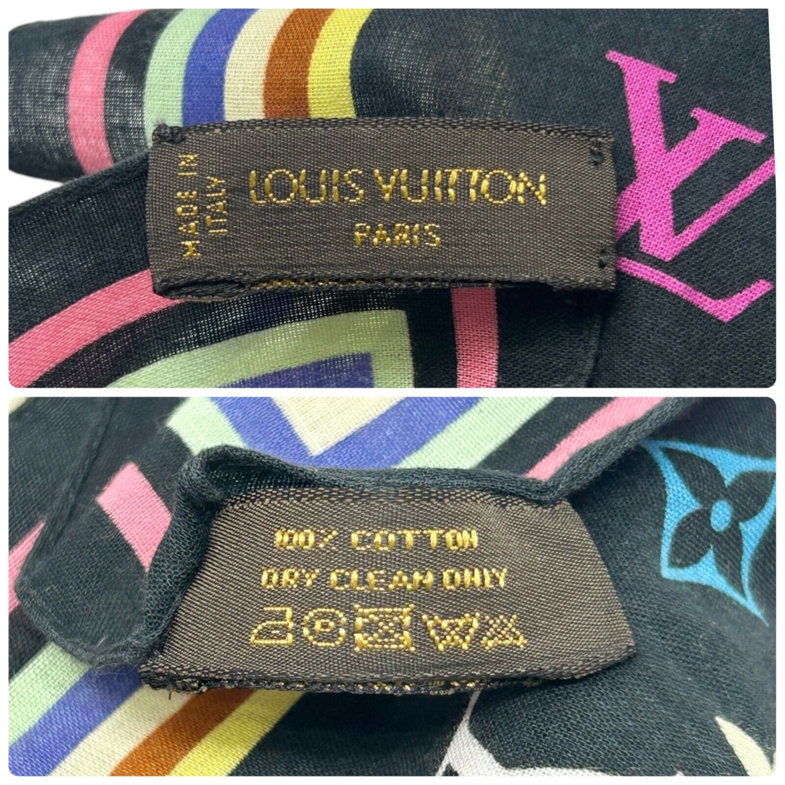 LOUIS VUITTON Vintage LV Logo Monogram Multicolor Scarf Wrap Shawl Black