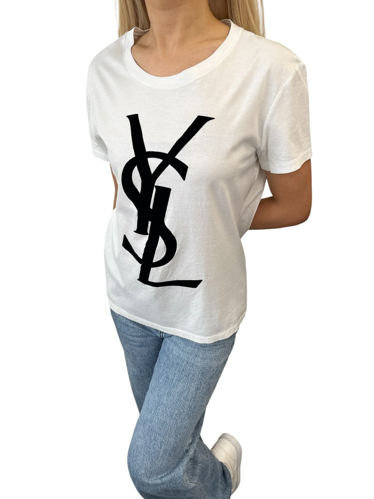 Yves Saint Laurent Vintage Logo Knit Top T-shirt #L White Black Cotton 902087