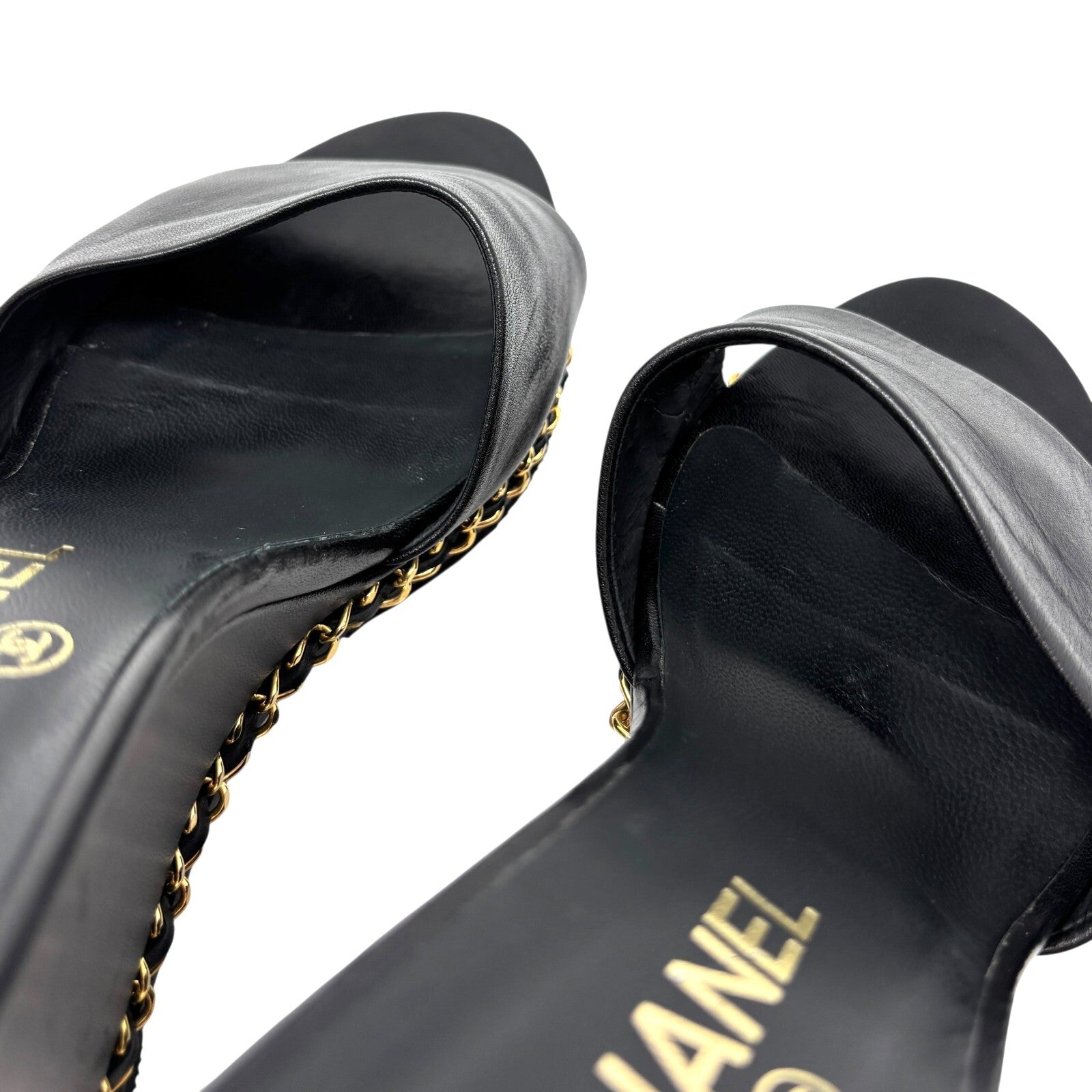 CHANEL Vintage CC Logo Chain Wedge Sole Sandals #37-38.5 Black Gold Leather