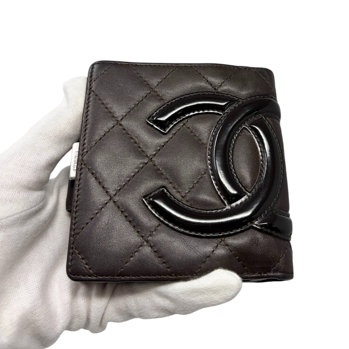 CHANEL Vintage Cambon Line CC Logo Quilted Wallet Brown Silver Leather 901981
