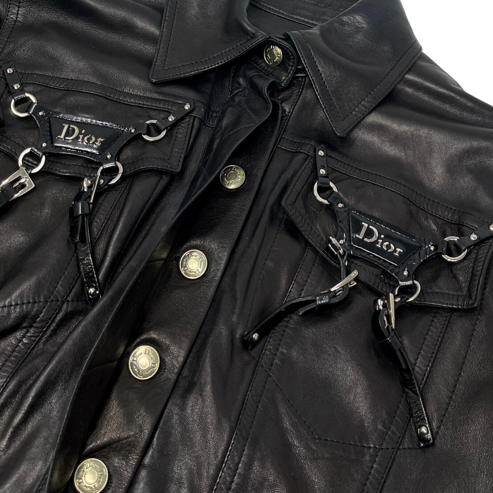 Christian Dior Vintage Bondage Logo Leather Jacket #36 Black Silver Rank AB