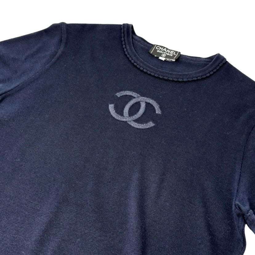 CHANEL Vintage CC Mark Logo Knit Top T-shirt Short Sleeve #38 Dark Blue Cotton